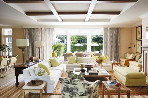 gauzy block printed drapery filters sunlight into the great room